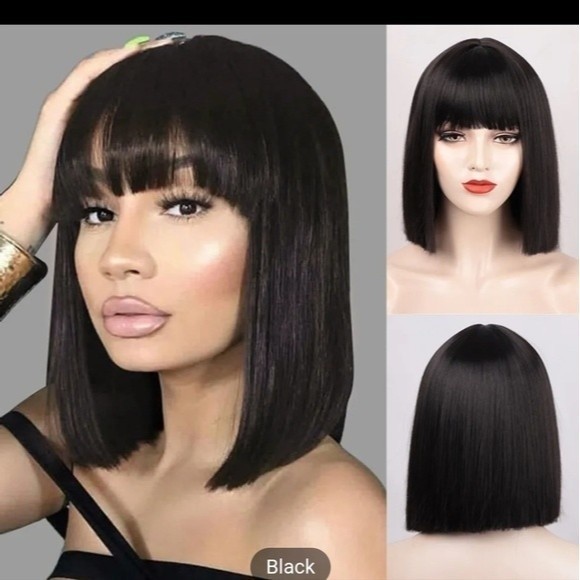 New Soft Black Bob Wig with Bangs, High Heat Synthetic 12 Inches